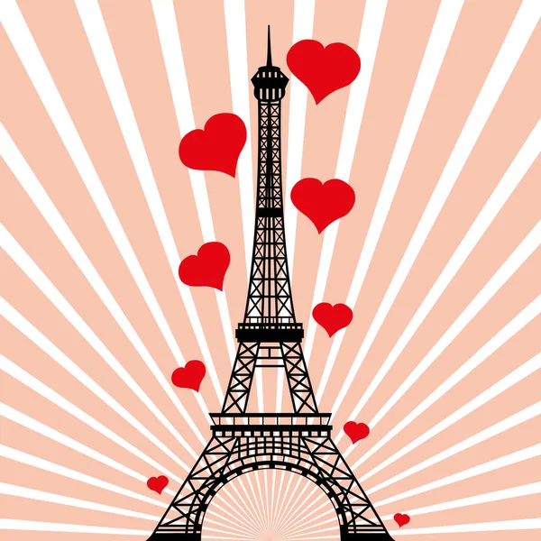 Hermosa Torre Eiffel Dibujo Vectorial Con Corazones Rojos — Vector de stock