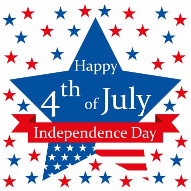 4 Temmuz. Bağımsızlık Gününüz kutlu olsun. Kırmızı kurdeleli ve yıldızlı arka planda mavi bir yıldızın bayrağı. Vektör illüstrasyonu.