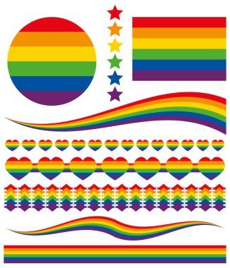 LGBTQ + pankartlar, kalpler ve yıldızlar hazır. Vektör dekorasyonları.