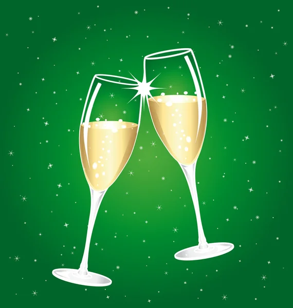 Champagne toast cups on a green  starry night. — Stock Vector