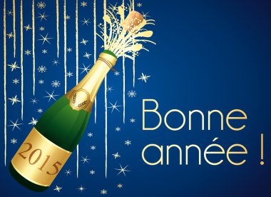 Bonne année 2015 ! Carte de vœux Champagne bleue et or.
