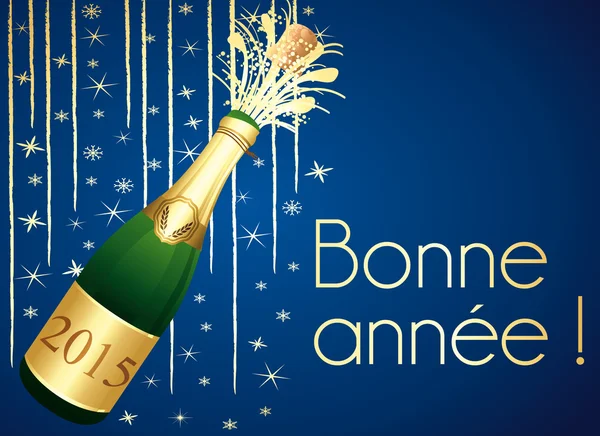 Bonne année 2015 ! Carte de vœux Champagne bleue et or. — 图库矢量图片