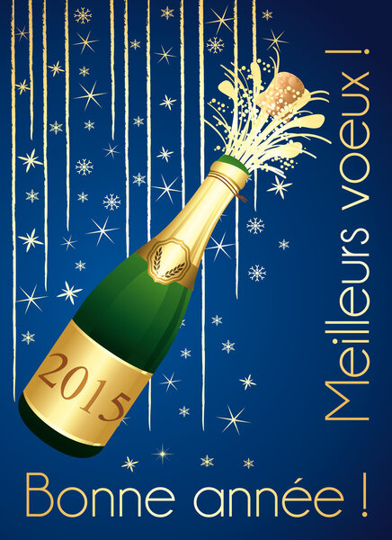 Blue And Gold French Greeting Card 22 Happy New Year With Uncorked Bottle Of Champaign Vector Illustration Larastock