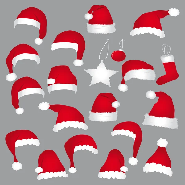 Santa caps and christmas decorations. Vector icons set. — Stock Vector
