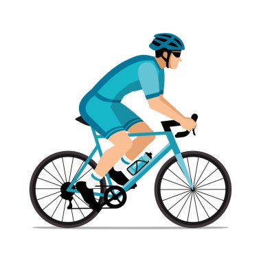 Kasklı ve güneş gözlüklü bisikletçi bisiklet şortu ve formasıyla bisiklet sürüyor. Mavi düz dizayn. El çizimi vektör illüstrasyonu.