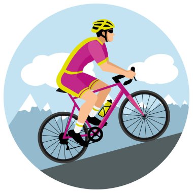 Kasklı ve güneş gözlüklü bisikletçi bisiklet şortlu ve formalı dağ geçidine tırmanıyor. Mor ve asit yeşili düz dizayn. El çizimi vektör illüstrasyonu.