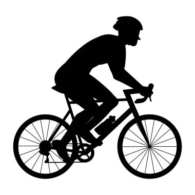 Kasklı ve bisiklet süren güneş gözlüklü bir bisikletçi. Siyah siluet düz dizayn. El çizimi vektör illüstrasyonu.