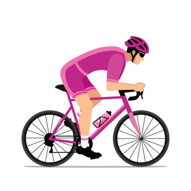Cyclist with helmet and sunglasses riding a bicycle in cycling shorts and jersey. Purple and pink flat design. Hand drawn vector  illustration II.