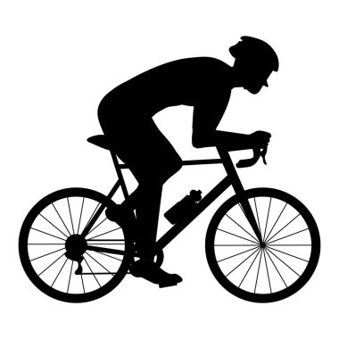 Kasklı ve bisiklet süren güneş gözlüklü bir bisikletçi. Siyah siluet düz dizayn. El çizimi vektör illüstrasyonu II.