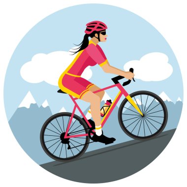 Dişi bisikletçi dağ geçidine tırmanıyor. El çizimi vektör çizimi. Düz dizayn pembe ve sarı.