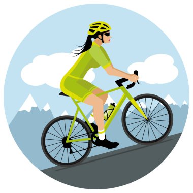 Dişi bisikletçi dağ geçidine tırmanıyor. El çizimi vektör çizimi. Düz tasarım yeşil.