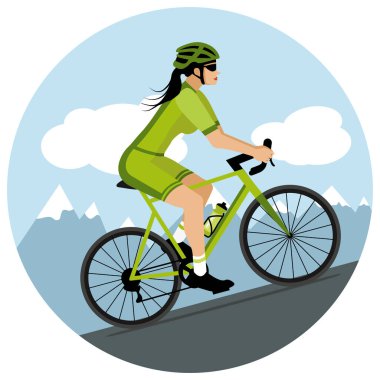 Dişi bisikletçi dağ geçidine tırmanıyor. El çizimi vektör çizimi. Haki yeşili düz tasarım..