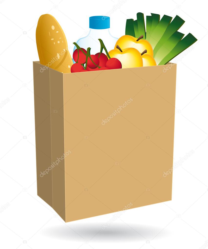 Shopping bag filled with food. Free delivery or nearby merchant icon.