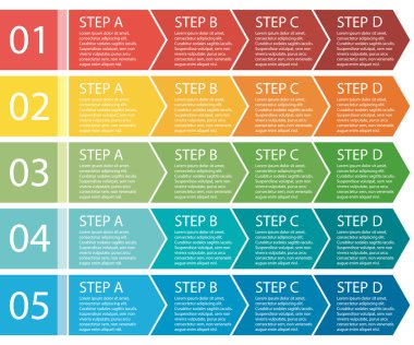 Düz tasarım. İşlem okları kutuları. Adım adım ayarlayın. Dört adım.