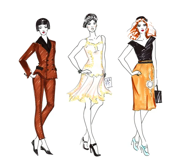 Fashion Sketch of Three Beautiful Woman — Stock Photo, Image