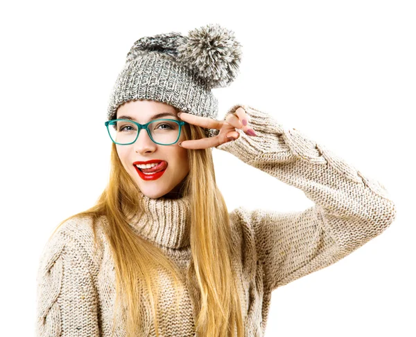 Vinter Hipster flicka bli galen. Isolerad på vit — Stockfoto