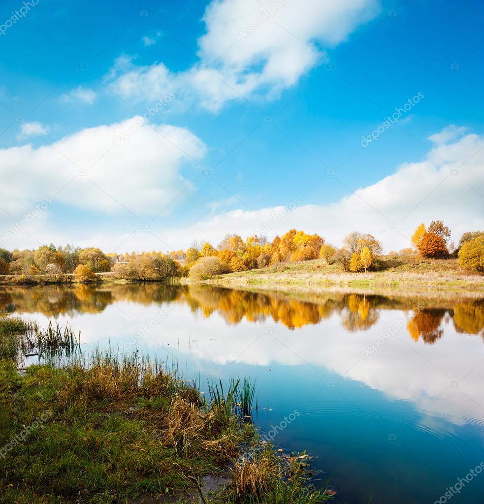 Autumn Landscape. Yellow Trees, Blue Sky and Lake.