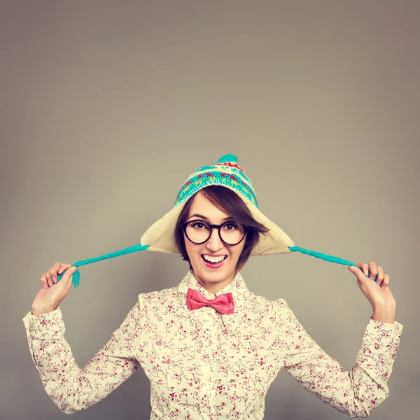 Portrait of Funny Hipster Girl in Winter Hat — Stock Photo, Image