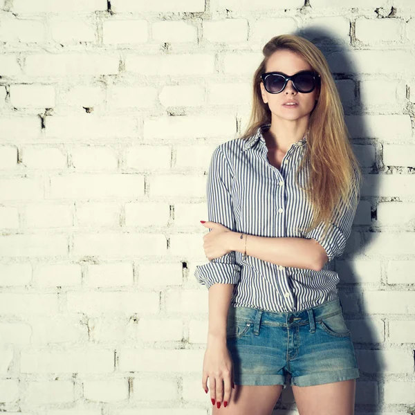 Fashion Photo of Hipster Woman at Brick Wall - Stock Image - Everypixel