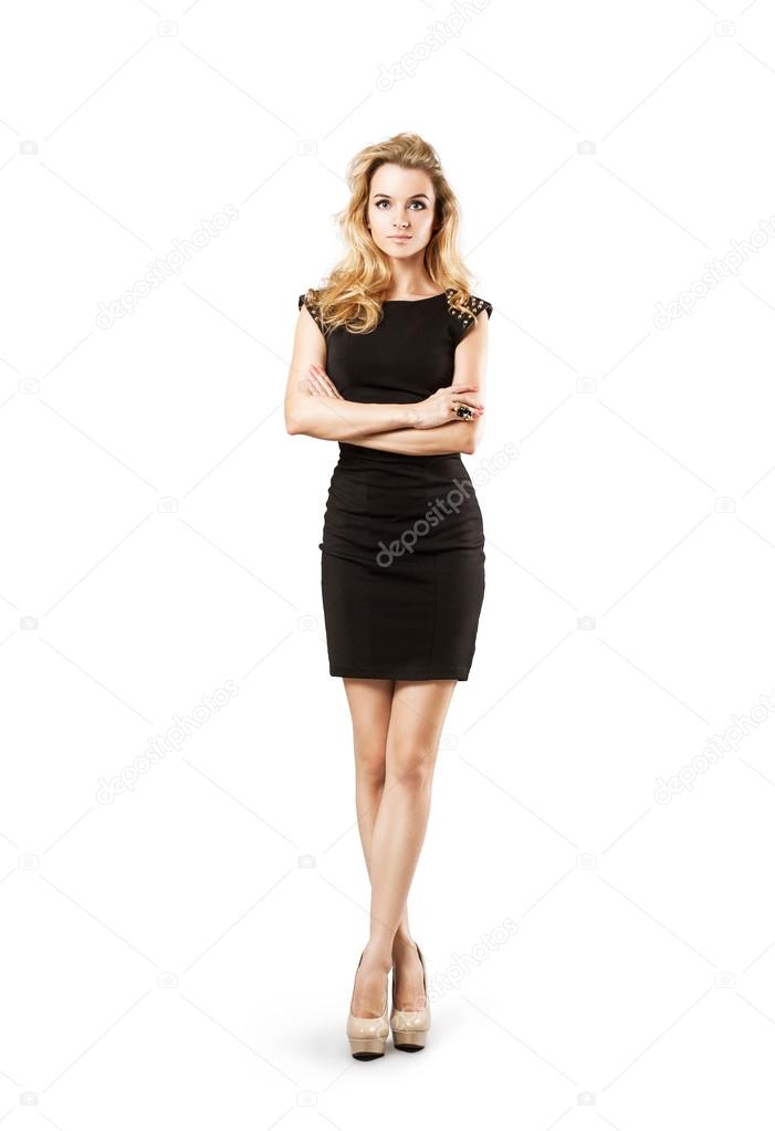 Fashion Woman in Black Dress Isolated on White