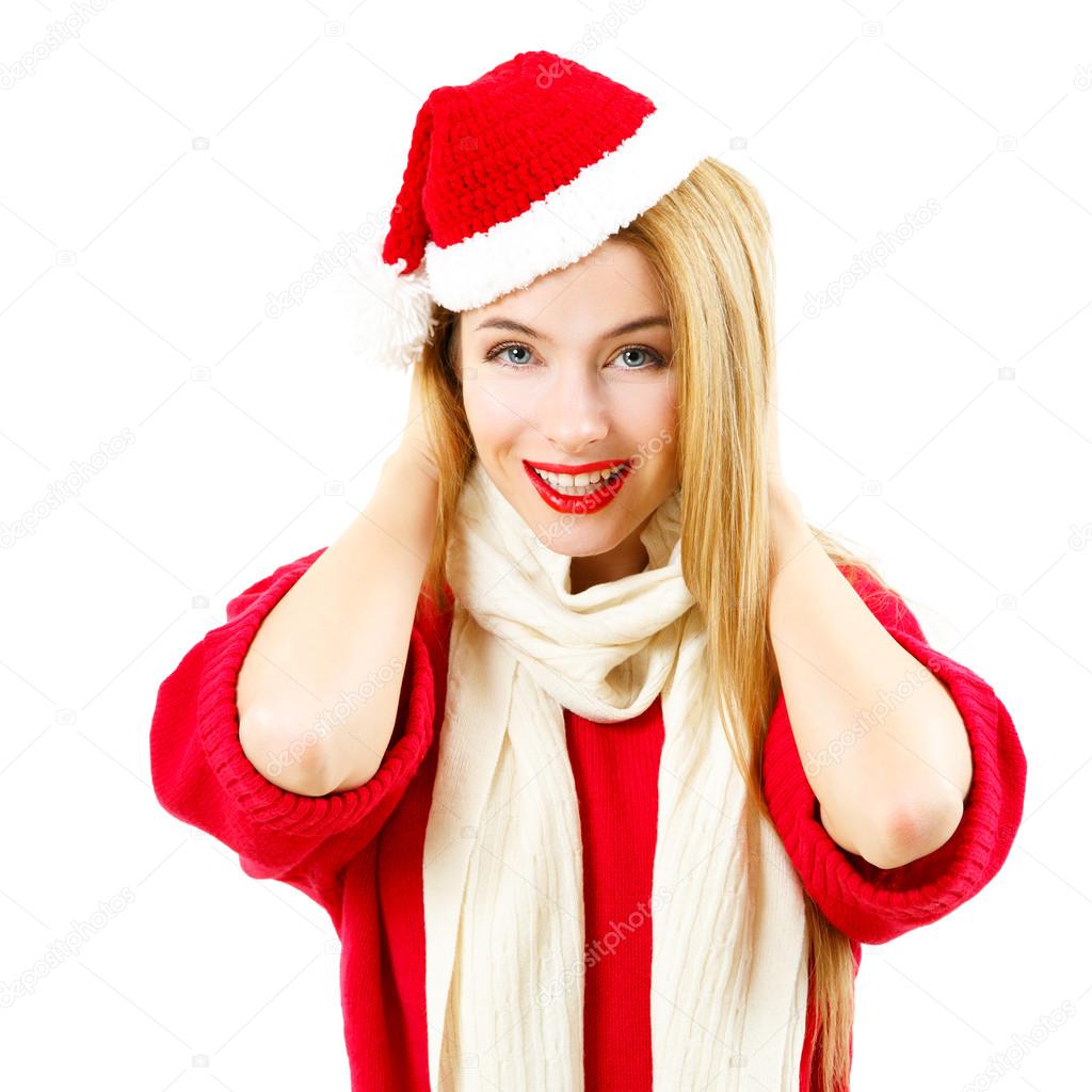 Smiling Christmas Girl in Red Winter Clothes on White