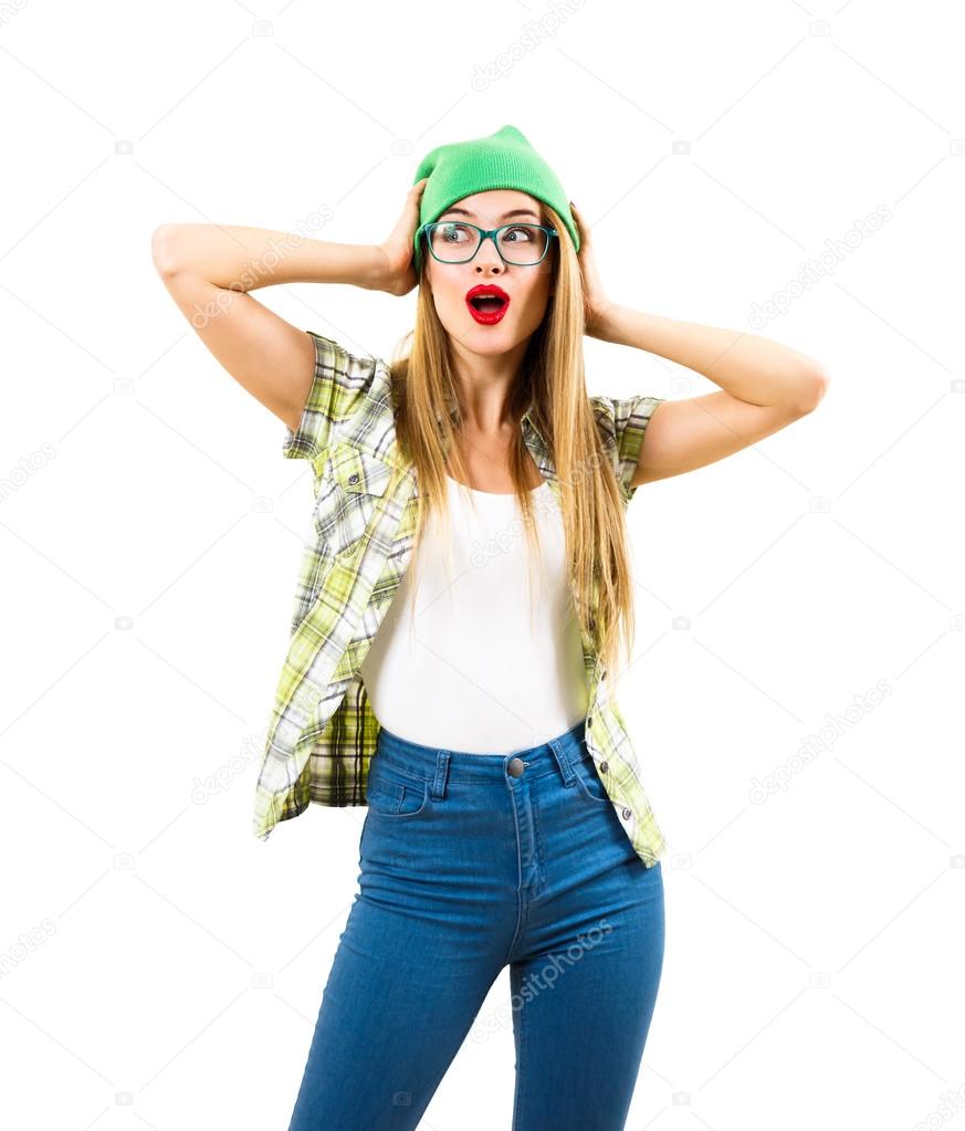 Surprised Hipster Girl Holding Hands on Her Head Isolated