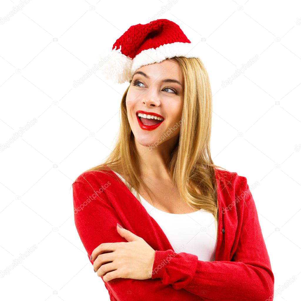 Happy Christmas Woman in Red Winter Clothes on White