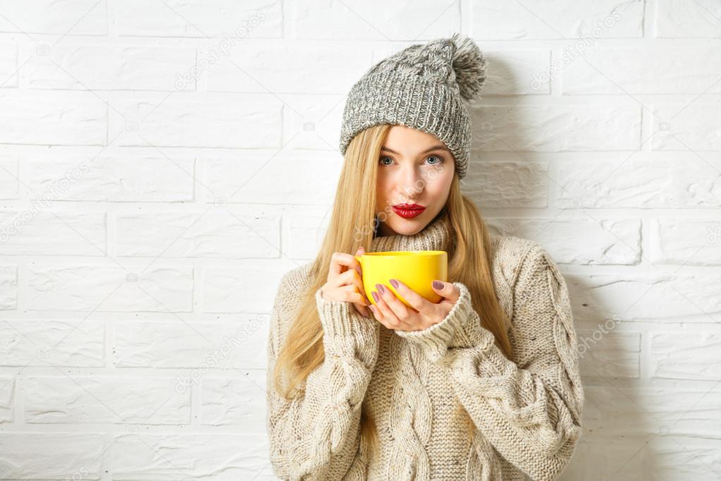 Lovely Hipster Woman in Winter Clothes with Cup