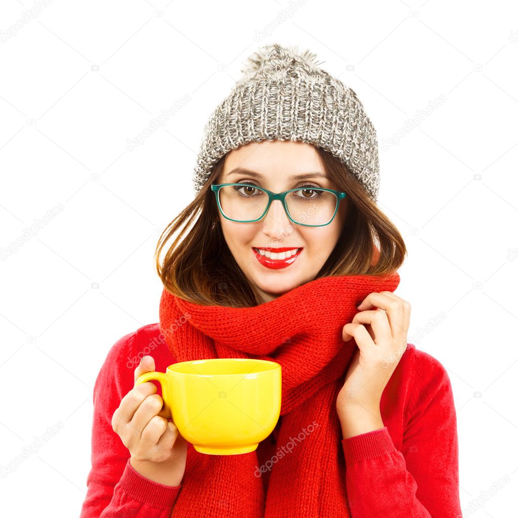 Cute Hipster Girl in Winter Clothes with Cup
