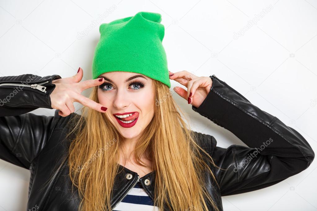 Hipster Girl in Beanie Hat on White Background