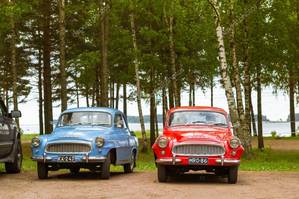 KOTKA, FINLAND - JUNE 14, 2014: Skoda Felicia coupe cars parked on shore of Finnish gulf. Festival and exhibition of retro-club of the Czech automaker. Island Mussalo, Kotka, Southern Finland, Suomi