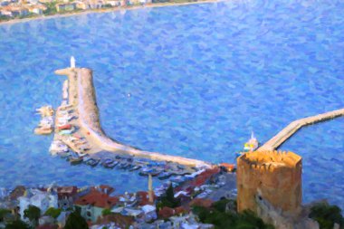 Türkiye. Deniz feneri ile Alanya'nın şehir ve limanı