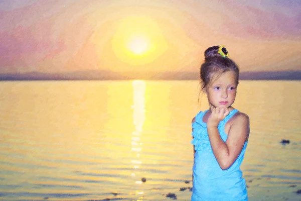 Zamyšlená dívka proti růžový západ slunce nad solné jezero — Stock fotografie