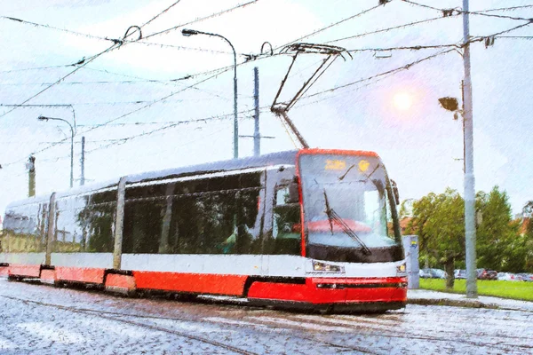 High-tech trams on bridge, Prague