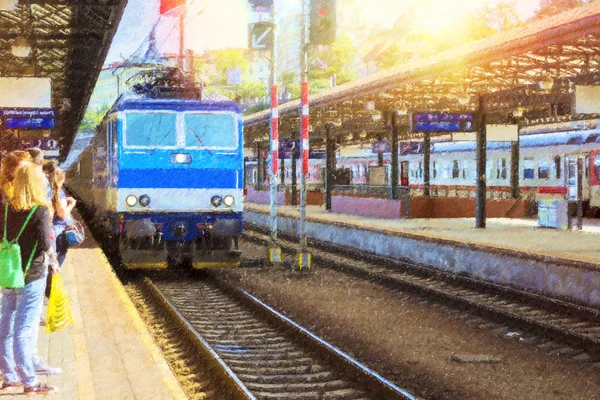 Tren de pasajeros sale de la estación principal de tren de Praga —  Fotos de Stock