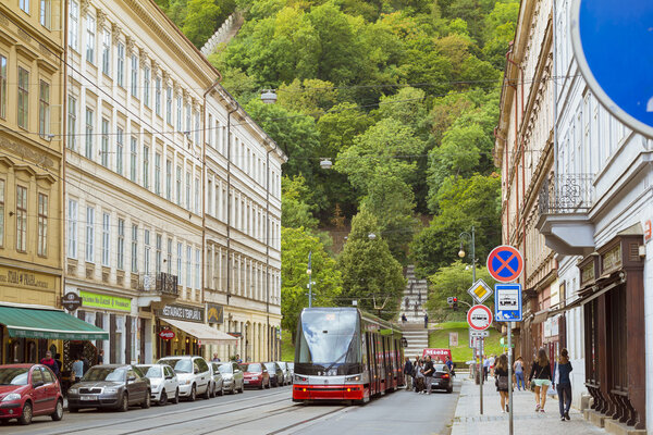 High-tech trams Skoda on a wide street in the district Nove Mesto Prague 's
