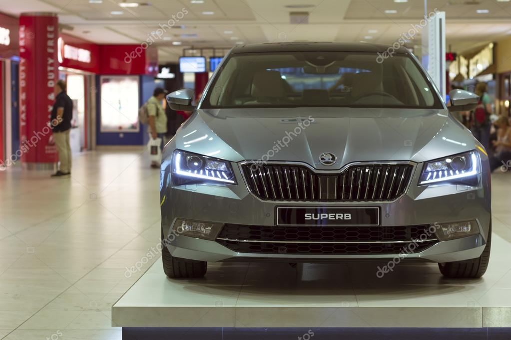 PRAGUE, CZECH REPUBLIC - AUGUST 28, 2015: New Skoda Superb in silver color in the lounge at Prague airport, Czech Republic