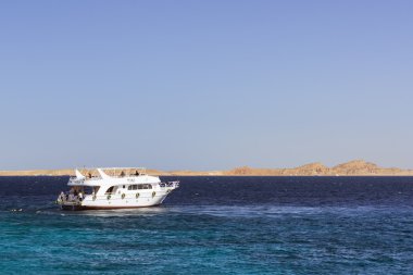 Sharm El Sheikh, Mısır - 25 Şubat 2014: mercan resifleri, Sharm El Sheikh, Mısır'da turist tekne turu beyaz yat, lüks tatil için turistler Red Sea'deki/daki Sina çevresinde dalış