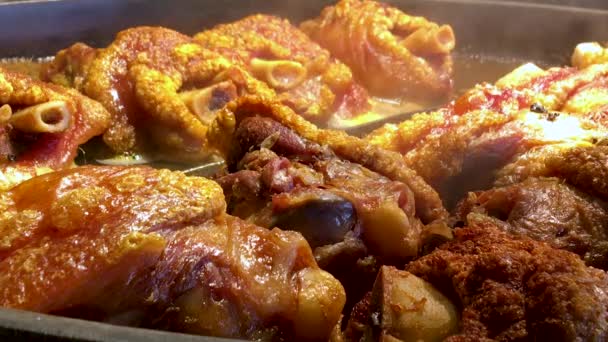 Pork Shanks Stewed Baked Huge Frying Pan Hearty Meat Dish — Stock Video