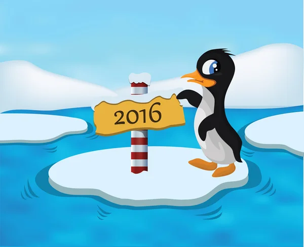 Pingüino Flotando Sobre Hielo Ilustración Con 2016 Signo — Foto de Stock