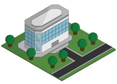 Beyaz arka planda yol ve ağaçlar illüstrasyon ile bina