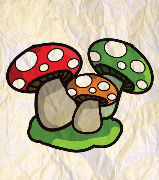 Tre Funghi Con Carta Sgualcita Sullo Sfondo — Foto Stock