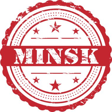 Yuvarlak kırmızı lastik damga adı Minsk ve yıldız, üzerinde beyaz izole