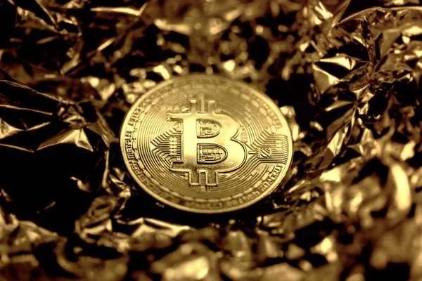 Zlatá Bitcoinová Mince Blockchain Cryptocurrency Store Value Digitální Zlatý Koncept — Stock fotografie
