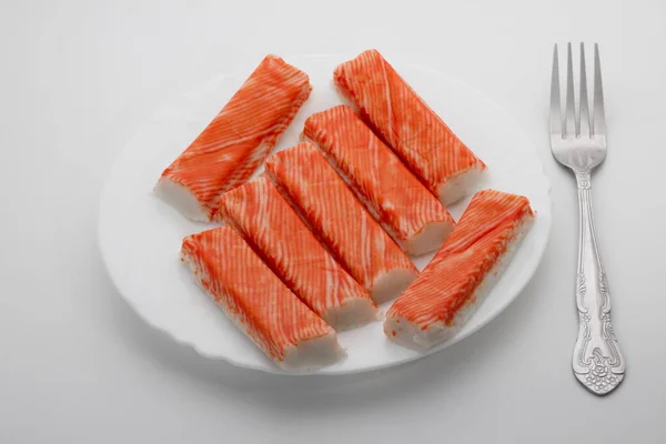 Crab Sticks White Plate Fork Isolated White Background 로열티 프리 스톡 이미지