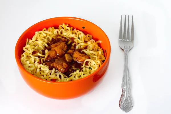 Chicken Noodles Teriyaki Sauce Orange Plate Fork Isolated White Background 스톡 사진