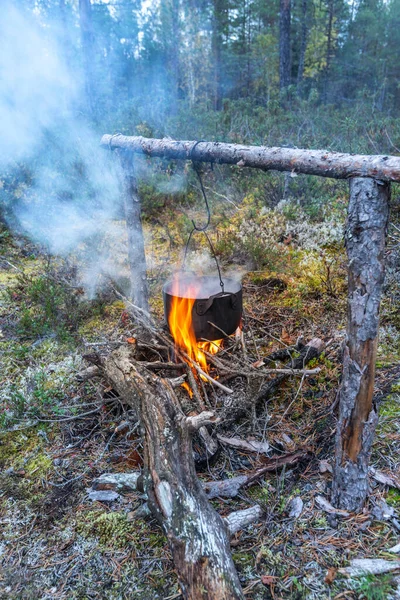 Gyönyörű Tábortűz Egy Tajga Erdőben Vadonban Túlélés Erdőben Üst Tűz — Stock Fotó