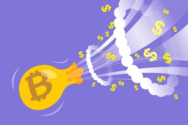 Bitcoin balonu konsepti. Finansal balon. Finansal balon patladığı an. Düz çizgi film çizimi.