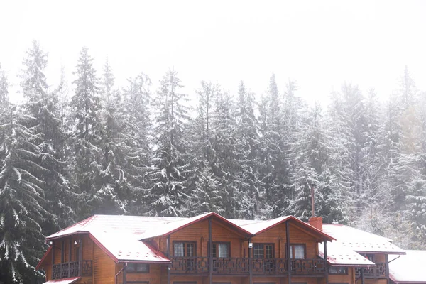 Fondo de invierno con casas de madera y abetos nevados con cielo nublado — Foto de Stock