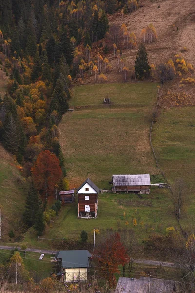 Herbst Hintergrund in den Bergen. Hügel mit gelben Bäumen und Häusern — Stockfoto